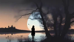 Double exposure | Silhouette full portrait lady under_a_tree near_a_lake by Andreas Lie, back lighting moonlight , by_night | background: silhouette of a castle_on_a_lake | shades under moon light by Sylvia_Pelissero + Ashley Wood | Splash art | intricate detailed | hyper-detailed | maximalist | photorealistic | 8k resolution | concept art | volumetric lighting | trending on Artstation