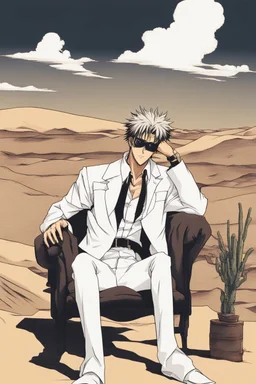 Nicholas Wolfwood Trigun is sitting on a couch in the middle of the desert