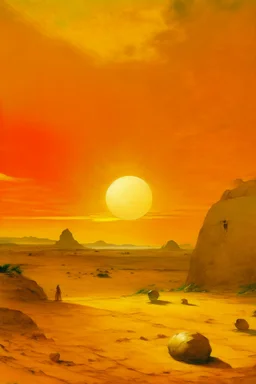 A yellow desert with a shining sun designed in ancient Egyptian pottery painted by Gustave Courbet