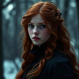 a beautiful fantasy woman, young, ginger hair, dark academia, dark fantasy