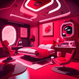 Cartoon futuristic dark red, red, pink, and white space bedroom with a table in the corner with a hover chair and a bed against the wall, interior, dark space outside