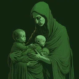 serene yet haunting scene depicts a humanoid cradling two children—one human, one humanoid—in her arms. The humanoid mother gazes at them with a peaceful expression. The human child, wrapped delicately in a green, net-like material, sleeps soundly, while the humanoid child, resembling its mother, nestles beside the sibling. Tears stream from the humanoids eyes, evoking a sense of sorrow suggesting both entrapment and technological dependency. Intricate patterns adorn her head, leading to a majes