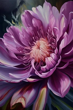 oil painting of a blooming flower with many folds, using pink and purple colour palate