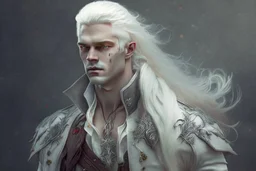 A Fantasy Human, a white masculine human with medium white hair. Battle Scars. Full body. Military clothes. HD