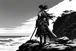 (in the style of Orion, by Masamune Shirow) Optimized Prompt (Art by Claudia Andujar, infrared, high-contrast black and white film photography) A solitary female samurai, the absolute final warrior of her slaughtered clan, is captured as a stark silhouette. She stands on a jagged cliff edge at the rugged coastline of Honshu. The sun has dipped below the horizon, leaving only a ghost of light—a thin, etched line against the fading, twilight sky. Her posture is a heavy monument to exhaustion and d