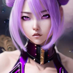 Detailed cute anime Kunoichi girl, purple hair buns, purple bangs, red latex bodysuit, intricate details, full body portrait, keep head in frame, slight smile, black Japanese motif, concept art, highly detailed, digital painting, concept art, sharp focus, illustration, art by Yoji Shinkawa, WLOP and greg rutkowski and alphonse mucha and artgerm and yanjun Chen and Junji ito and Makoto Shinkai, HDR, octane render