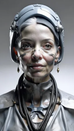 Cyborg female evolving | concrete floor | detailed | fine art | highly detailed | smooth | sharp focus | ultra realistic | full body portrait view, Mysterious,blue metal, smile