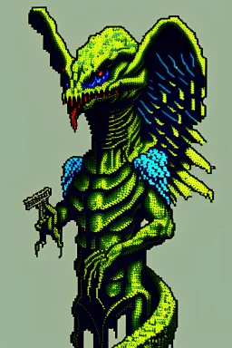 Reptilian angel, scary, barf art, highly detailed pixel art,