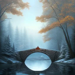 fantasy art, book illustration, wagon on a bridge , old mill wheel ,icy water,seen through the tree tops, icy frame