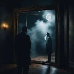 a despaired man stands before his ornate mirror in a dimly lit room. With a vape clenched between his lips, wisps of vapor swirling around him like ghosts of forgotten dreams. The cold moonlight cast long shadows, painting melancholy in the stillness of the night.