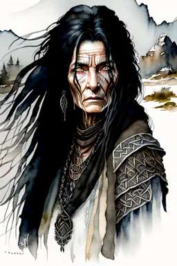 ink wash and watercolor illustration of an ancient grizzled, gnarled female vagabond wanderer, long, black hair streaked with grey, highly detailed facial features, sharp cheekbones. Her eyes are black. She wears weathered roughspun Celtic clothes, emaciated and tall, with pale skin, full body , thigh high leather boots within a forest of massive ancient oak trees in the comic book style of Bill Sienkiewicz and Jean Giraud Moebius , dramatic natural light and shadow, rich vibrant colors