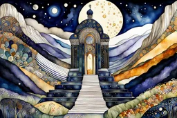 random watercolor Zentangle patterns in the styles of Gustav Klimt ,Wassily Kandinsky, Alphonse Mucha, and Kay Nielsen that depicts a an aged and cracked stone cenotaph, a memorial to a long forgotten people ,overlooking a lonely valley , cast in the deep shadows of a midnight moon, highly detailed, with fine ink outlining