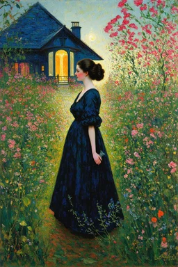 Night, vegetations, flowers, one woman, distant house, mistery, gothic horror films influence, gustave caillebotte, and gustave moreau paintings