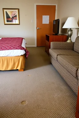 cheap motel room floor, furniture dents in carpet, showing that furniture had been moved