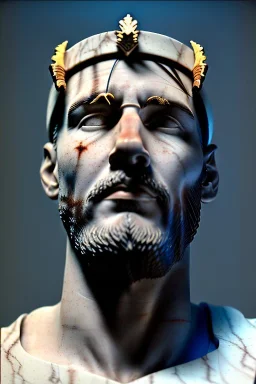 Ultra Realistic image, Roman sculpture, white marble material, Lionel Messi, gold crown of natural thorns, god crown, Renaissance style, sun rays background, waist up portrait, epic, celestial, cinematic lighting, God lights, 4k resolution, smooth details, soft lighting, unreal engine 5, art station, substance 3d.