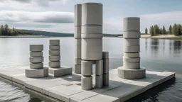 Conjunto monumental de hormigón articulado por cilindros, prismas y vacíos geométricos, con agua circundante que suaviza la masa y crea un aura ritual, en estilo pictórico geométrico de inspiración Bauhaus.