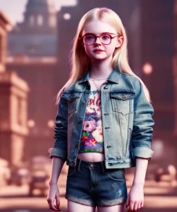 Elle fanning toddler, full body, city background, tatoo denim jacket, floral shirt, dramatic lighting