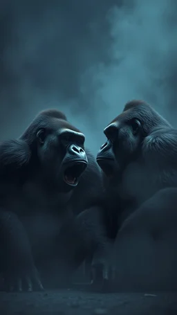 ,surrealism of the dark of a nightmare , hyper photorealistic, hyper detailed bright art color, high resolution, fog, octane render, tilt shift, HDRI Environment, all pictures dark gray, two gorillas in love