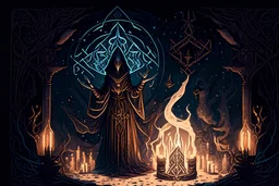 Delve into the mysterious and enigmatic world of the occult with a captivating digital illustration that explores esoteric symbols and mystical elements. Create a scene where an occult practitioner, adorned in intricate robes and surrounded by arcane artifacts, performs a ritual in a dimly lit chamber. The atmosphere is charged with mystical energy, as candles cast flickering shadows and the air is heavy with incense. Intricate sigils and symbols adorn the walls, while ancient grimoires and spel