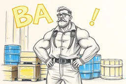 a drawing with sketch lead pencil, The word "BAXER" in yellow floating like a big sign, strong painting, strong expression, BAXER!, BAXER! the word Baxer, WOODEN CRATES AND BLUE BARRELS, A WORKING MAN (no beard and he have glasses) STANDS THERE WITH VERY BIG STRONG MUSCLES and the word BAXER is pulsating