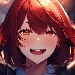 Clear Focus, High resolution, girl laughing, glowing red eyes, extreme close up