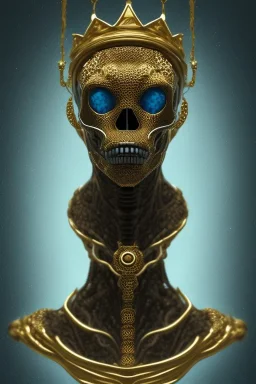 black male African alien, cracks in the voodoo head, wicked, diamond eyes, crown, blood, 8k, finely detailed, photo realistic, leopard style turquoise skull head gold dragon space alien rain skeleton gold teeth silver crown silver space suit spaceships