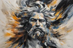 An abstract and enigmatic portrayal of Zeus, the king of the gods, using bold strokes and dynamic shapes to capture the essence of divine power, (abstract and enigmatic portrayal:1.4), (Zeus, king of the gods:1.5), (bold strokes and dynamic shapes:1.3), (expressive and divine ambiance:1.2), inspired by abstract interpretations of classical mythology and the divine, trending on CGSociety, Intricate, Sharp focus, dynamic lighting, (captivating:1.4), (godly ambiance:1.5), (abstract essence:1.3)