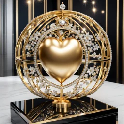 A magnificent golden and silver heart-shaped sign adorned with a stunning golden sphere encrusted with sparkling diamond clusters at its center, elegantly spinning in position.