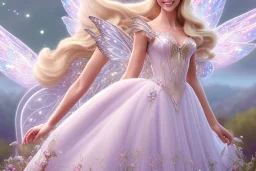 castle in background, beautiful, soft, big smiling, straight and long blonde hair, blues eyes, dewy and shiny atmosphere, diamond crown, long fairy wings in the back, full head, pink veil clothes