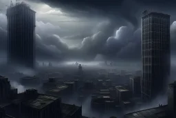 A dark, disrepair city in the clouds