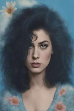 facial portraits, 1980, 16-year-old wonder woman, gray cotton sweater, ((1980's big hair, long, teased up Spikey Motley Crue style hair)), black hair, facial portraits, foggy, cloudy blue wall with assorted designs and multiple floral arrangements in the background, 4k, 8k, 16k, 32k, 100k UHD, Ultra-Hyper Resolution, dark, sultry eyeshadow, eyeliner, mascara, rouge, lipstick