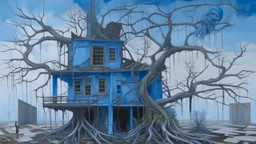 Oil painting of a surreal landscape depicting a deconstructed building, with elements of the structure seemingly floating or displaced, intertwined with branches. The building, rendered in shades of blue, appears to be in a state of disintegration, with sections of walls, windows, and roof detached and suspended in the air. In the foreground is the figure of a woman dressed in an orange coat and matching hat. She stands on a rock-strewn floor with floating steps leading up to the deconstructed b