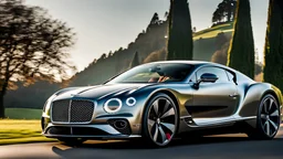 A sleek with livery (((luxury hypercar bentley))), its contours and details perfectly captured in a (((cinematic view))), zipping along a winding road under a beautiful blue fresh morning sky