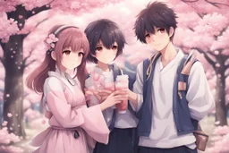 cute anime couple with sakura blossom background, one holding baguette and one holding bubble tea drink