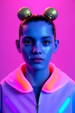 Ultra Realistic image, Rosalía artist, waist up portrait, black eye line, sweet angry face , gold, blue, pop style, pink spray line make up, geometric, neon, rings piercing, led ornament, cold, bubble latex coat, led lights, vibrant color, highly detailed, art stations, concept art, smooth, unreal engine 5, god rays, ray tracing, RTX, lumen lighting, ultra detail, volumetric lighting, 3d, finely drawn, high definition, high resolution.