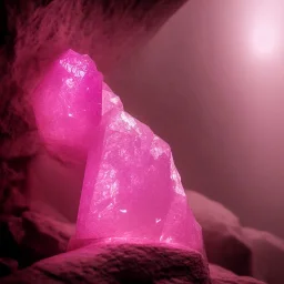 single pink crystal, on an altar in a foggy cave, cinematic,