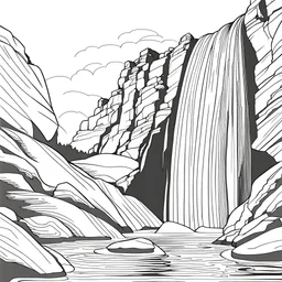 A coloring page of a Breathtaking waterfall cascading down a rocky cliff , masterpiece, coloring page, line art drawing, minimalist, graphic, line art, vector graphics, Clear and Distinct Lines, Intricate Patterns,Varied Line Weights, Smooth curves, Bold outlines, Crisp shapes blank white background.