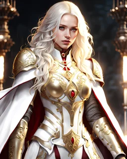 beautiful girl, floating golden halo above her, glowing yellow eye, platinum blonde hair, long wavy hair, wearing expensive detailed white leather armor, wearing red detailed cape, war in the background