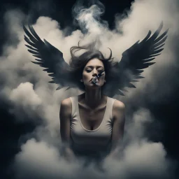 woman sitting forward Her face upward and blows cigarette smoke from their mouth upward. a figure with wings emerging from its back. behind the clouds of smoke look death. dark and mysterious