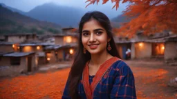 (Photographic Close View) The image should depict a serene evening scene of a traditional Pakistani village at beautiful dark rainy night, featuring a (closeup face view of a) young happy woman wearing a navy-blue checkered dress with red embroidery, surrounded by rustic houses, thick trees with she is sitting on orange dry leaves falling & breathtaking mountain landscapes along with lots of dry orange leaves fallen on the ground, in soft golden light and dramatic hues of orange, pink & purple.