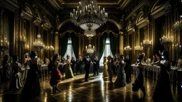 It creates an enchanting and mysterious image of a masked ball in a majestic and ornate mansion on a rainy night. The main theme is a couple dancing in the center of a luxurious ballroom, surrounded by other masked guests. The setting includes a grand hall lit by chandeliers with tall windows that reveal the heavy rain outside, creating a sense of intimacy and exclusivity. The atmosphere is one of fantasy and romance, with a touch of intrigue.
