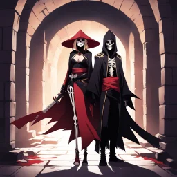 [Hazbin ADnD] full-body photo of two characters of an ADnD campaign in a crypt. character 1: is a male ninja in a dark kimono, character 2: is a female sorceress skeleton in a brown cape