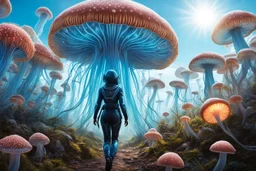 Woman in an Android suit, Walking Through Alien Mushrooms With Jellyfish Tentacles, Floating Through An Alien Forest, Photorealistic, Intricate Detail, Sunshine, Blue Sky