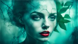 old retro photograph, light vignette, faded, worn and cracked, double exposure, surrealism, female humanoid from another world, red lips, half body, greenish blue pale transparent glowing skin, bald head, plants growing out of head, tattoo on head, alien transparent eyes, double exposure, hyperdetail, double exposure, Anna Razumovskaya, Anna Dittmann, Luis Royo, Neo-impressionism, expressionism, oil painting. Bold, detailed and textured brushstrokes reminiscent of Royo and Peter Coulson. Deep co