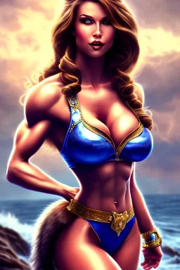 milf, bodybuilding, kräftig, brunett long gewelltes hair, smile, warrior princess, küste, nacht, wolf, große oberweite, corsage, fantasy art