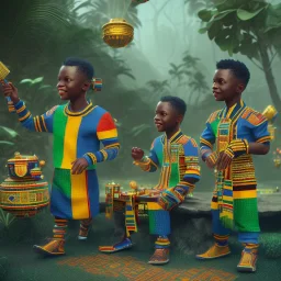 kente scene, thread, embroidery, octane render, high detail, smiling boys