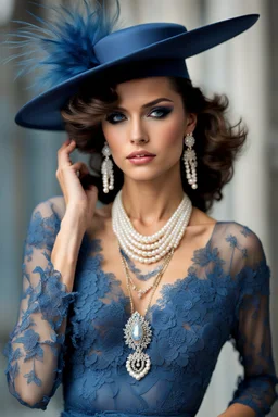 full body beautiful girl, elegant blue lace clothes of the 80s, luxury style, small elegant hat with feather, hair of the 80s, pearl necklace, earrings masterful, beautiful face