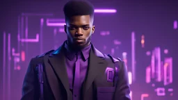 black man. 25 years. short afro hair shaved on the side. short beard. lean. blazer and dress pants. standing. cyberpunk style, purple cyberpunk background, 8k, hyper detailed