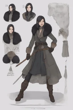 A dnd character sheet. A woman dressed for the cold north dressed in dark furs, with black hair