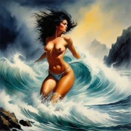 [aquarelle by Boris Vallejo] Calypso clung to the jagged rock, her body buffeted by the relentless fury of the elements. The wind howled with an intensity that matched the turmoil within her own heart. The sea, once a tranquil expanse, roared and churned, its crashing waves threatening to consume everything in their path.